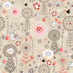 Seamless floral pattern with birds in love on a brown background