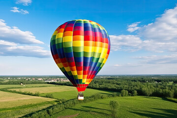 Hot air balloon on the green farm on the blue sky background