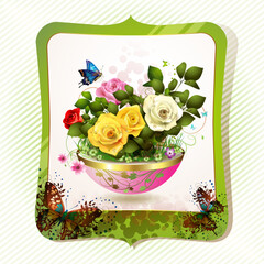 Flowerpot with roses, hearts and butterflies