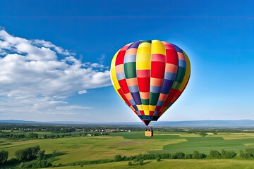 Obraz premium Hot air balloon on the green farm on the blue sky background