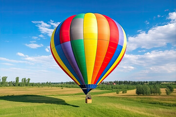 Obraz premium Hot air balloon on the green farm on the blue sky background