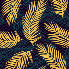 Fototapeta na wymiar Endless paradise palm leaves vector pattern. Botanical design over waves