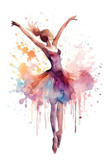 Ballerina girl dancing watercolor clipart cute isolated on white background - obrazy, fototapety, plakaty