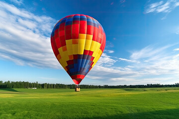 Obraz premium Hot air balloon on the green farm on the blue sky background