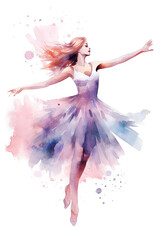 Ballerina girl dancing watercolor clipart cute isolated on white background - obrazy, fototapety, plakaty