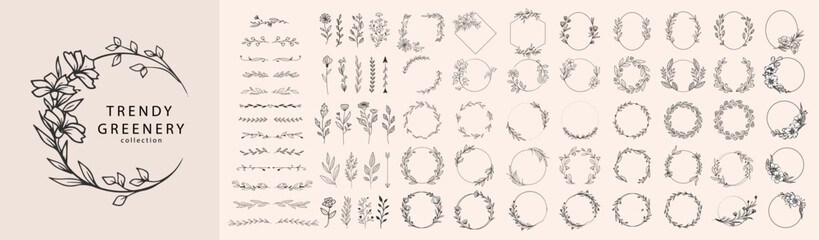 Set of elegant floral logo elements. Borders and dividers, frame corners and branch. Boho Hand drawn line wedding herb, leaves for invitation save the date card. Botanical rustic trendy greenery