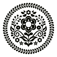 Mexican folk art style vector mandala pattern with flowers in frame, black and white round design inspired by traditional embroidery designs from Mexico
 