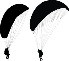 Silhouettes of paraglider on ground preparing before taking off. Vector