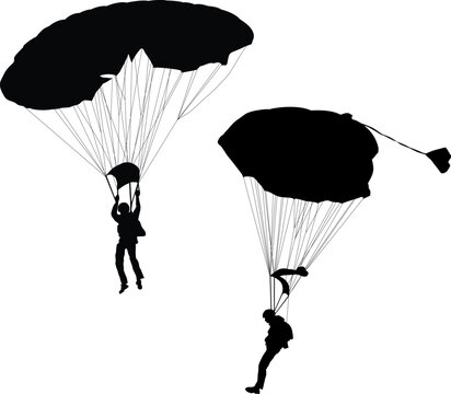 Silhouette of skydiver before landing. Vector