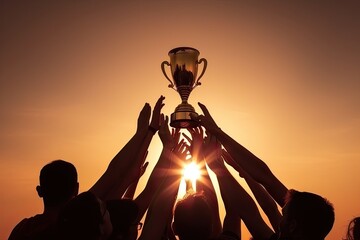 A team with a golden trophy in their hands against the shining sun in the sky. Generative AI