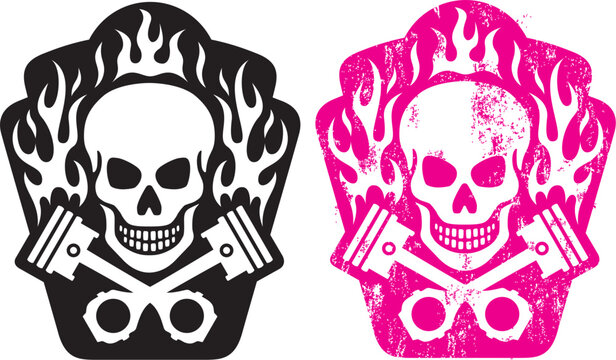 Vector illustration of skull and crossed pistons with flames. Includes clean and grunge versions. Easy to edit colors and shapes.