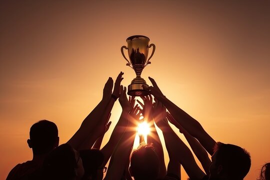 A team with a golden trophy in their hands against the shining sun in the sky. Generative AI