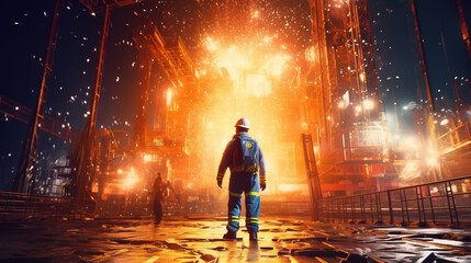 Team drill rig worker with hard hat and visibility jacket in large open pit mine during winter, bright lights shining on the background, cinematic, painterly