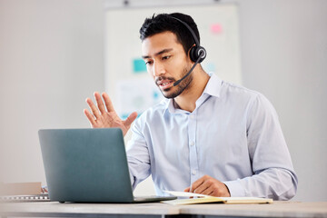 Call center, laptop or man consulting on video call with headset greeting in customer services or...