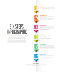 Vector six steps vertical progress template with big arrows and numbers