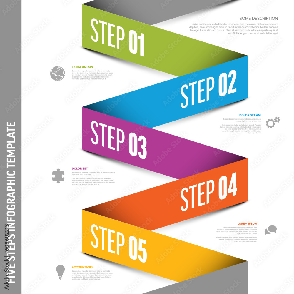 Poster five color steps elements template on folded paper color stripe