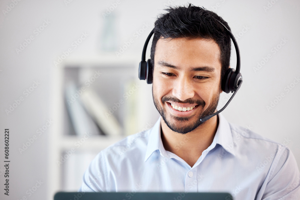 Poster laptop, contact us or happy man in call center tech support consulting, speaking or talking in telem