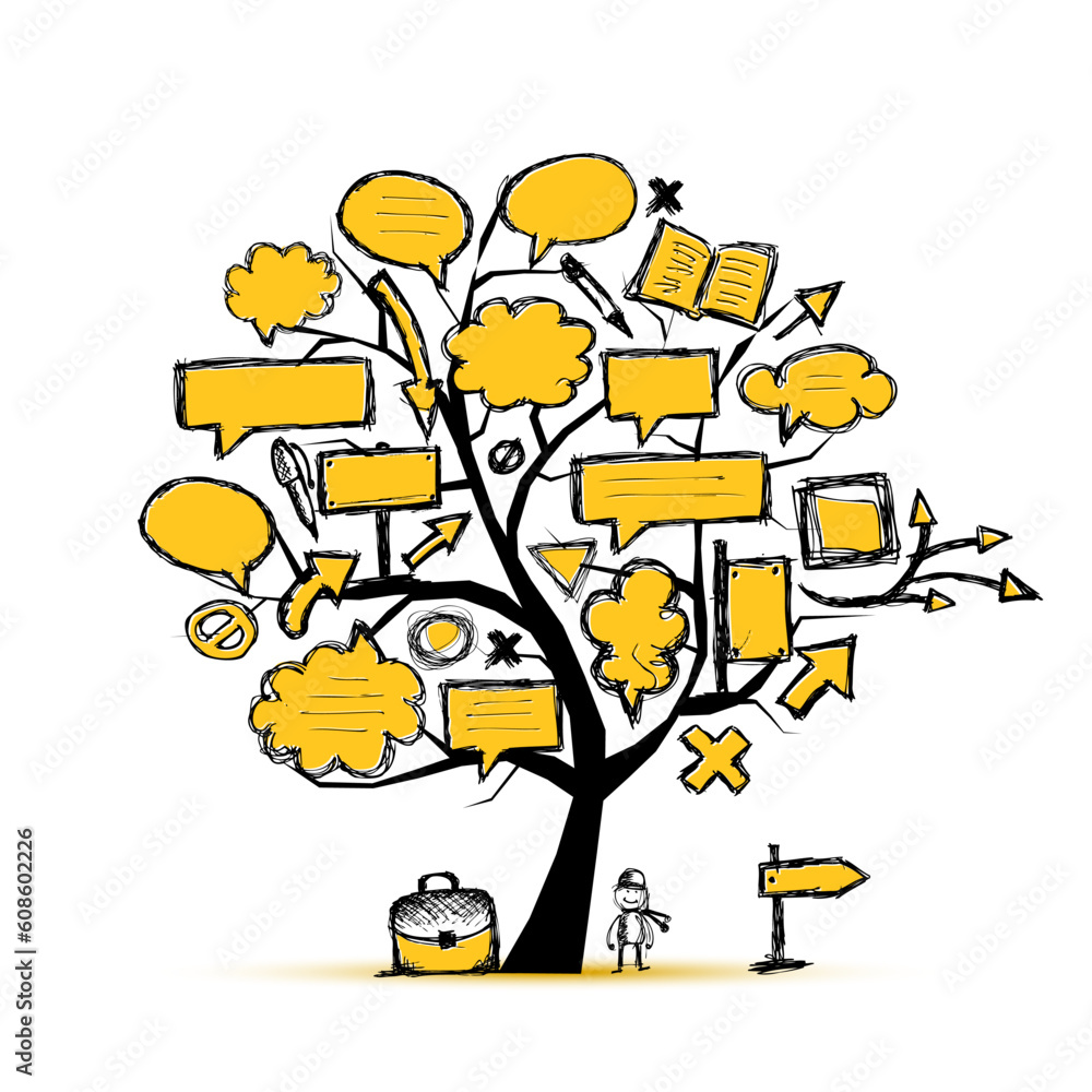 Poster sketch of tree with arrows and frames for your design