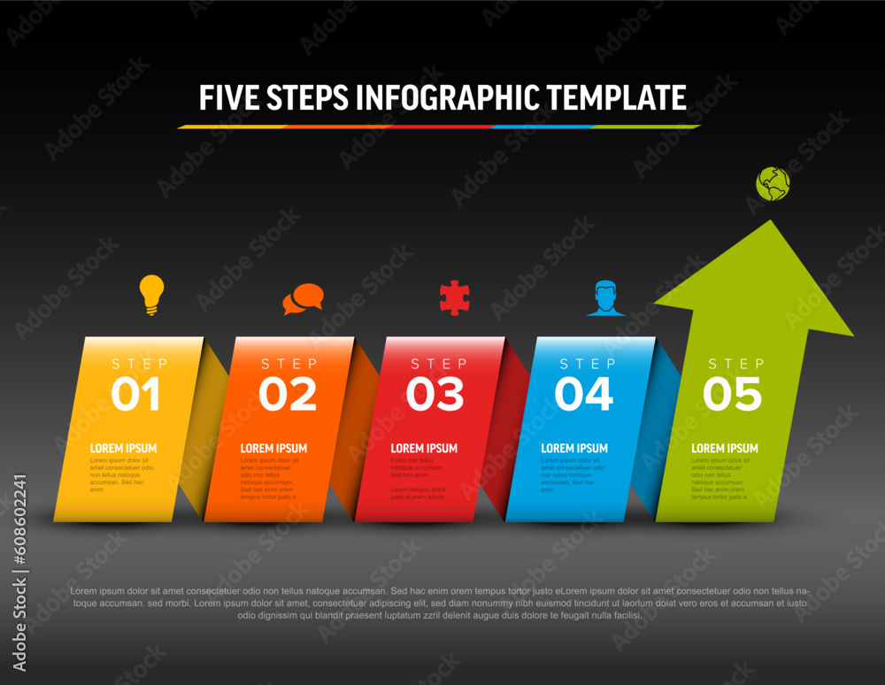 Poster vector progress with four steps and big arrow template on dark background