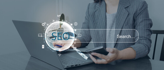 Search engine optimization (SEO) concept on dark blue background. Internet technology for business...