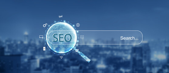 Search engine optimization (SEO) concept on dark blue background. Internet technology for business...