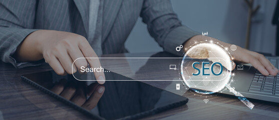 Search engine optimization (SEO) concept on dark blue background. Internet technology for business...