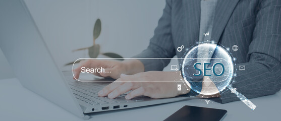 Search engine optimization (SEO) concept on dark blue background. Internet technology for business...