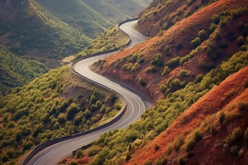 Fototapeta premium In mountainous environments with mountains; You can see a remote highway from the car driving