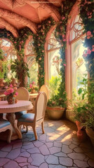 Obraz na płótnie Canvas a walt disney style interior beautiful sweet romantic house Total wood Hobbit light pastel Pink color tea room ，generated by AI