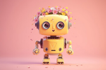 Small cute smiling summer robot with hands, legs, colored with pastel colorful spring flowers. Cute AI toy robot on pink background. Generative AI