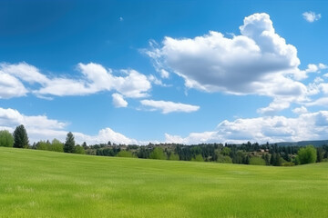 Fototapeta na wymiar Green Farm Skyline Under Blue Sky and White Clouds