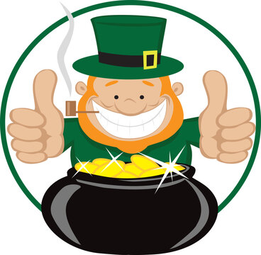 Cartoon leprechaun with gold coin pot showing thumbs up. Vector eps8. Separate layers