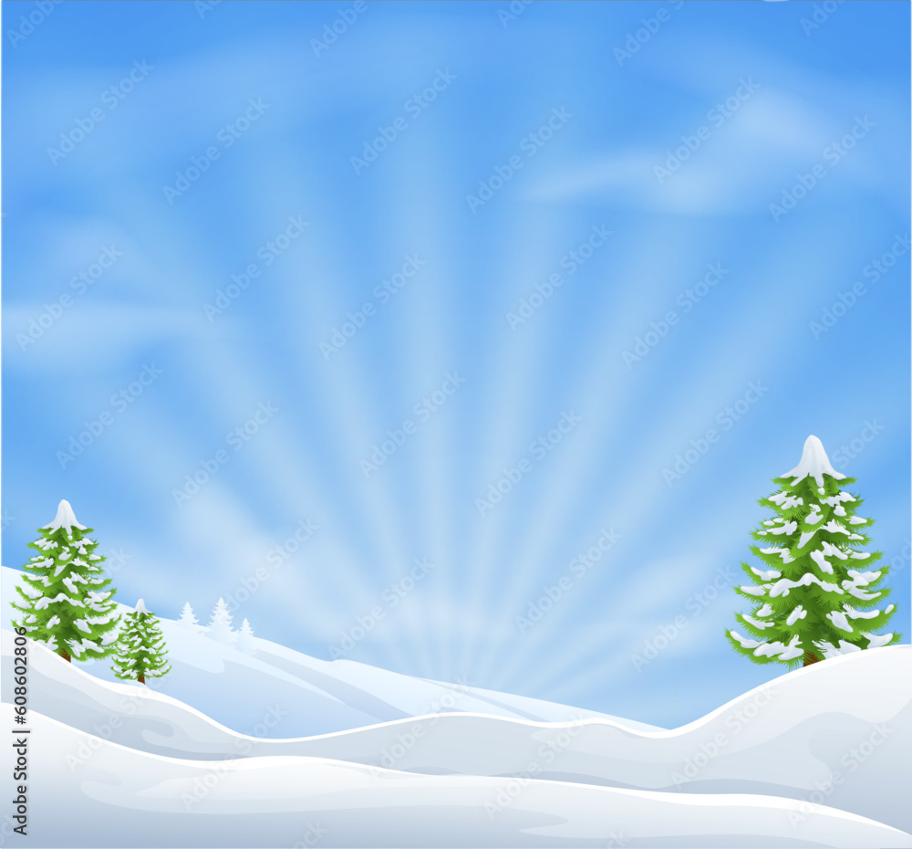 Canvas Prints An illustration of an idyllic snow covered Christmas landscape with large sky area for copy when used as a holiday background