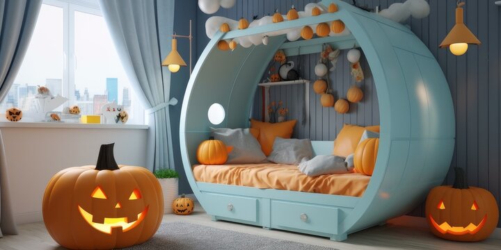 Kids bedroom in Halloween design theme. Bright funny interiors ideas. Ai generated design. 