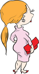 A woman with red hair in a pink dress and a red handbag. Vector illustration. Cartoon.