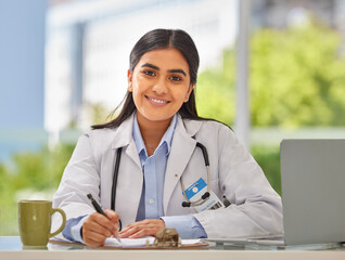 Medical, writing and portrait of doctor in office for consulting, report and paperwork. Medicine,...