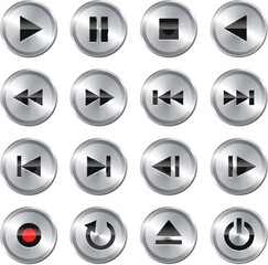 Metallic glossy multimedia control button/icon set. Vector illustration