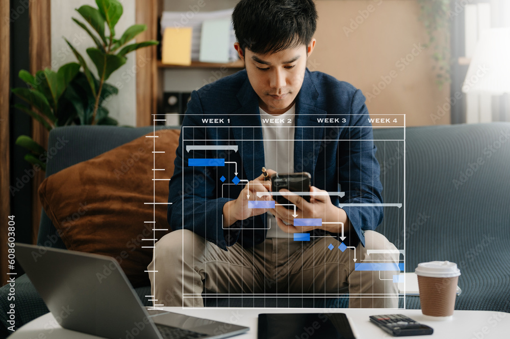 Poster project manager working and update tasks with milestones progress planning and gantt chart schedulin