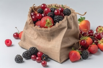 Fresh red berries in craft paper bag isolated on white background. Food delivery. Generated ai