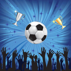 Soccer ball and champion cup for football sport with fan hands silhouettes. Vector illustration. Element for design.