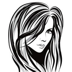 Beauty girl face sketch, woman face vector portrait. Hair wave.