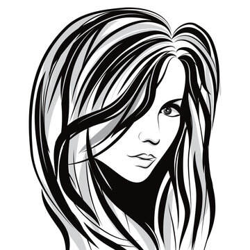 Beauty girl face sketch, woman face vector portrait. Hair wave.