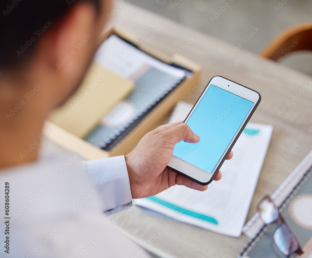 Aufkleber business man hand, phone screen mockup and male person in a office with typing and networking at com