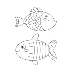 Set of marine fish elements in flat cartoon style. Line art.