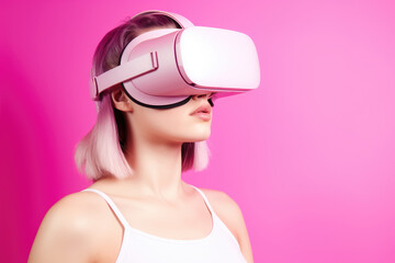 Metaverse concept. Stylish young woman wearing vr headset playing and watching online on pink background. Virtual reality technology. Futuristic, Ai artificial intelligence. Generative AI
