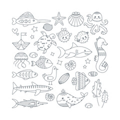 Set of marine elements algae, whale, shark, fish, seahorse, shells, jellyfish. Line art.