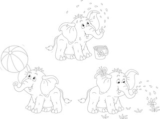 Funny baby elephant playing with a big striped ball, watering a small flower and splashing itself with water from a bucket, black and white outline vector cartoon illustration for a coloring book