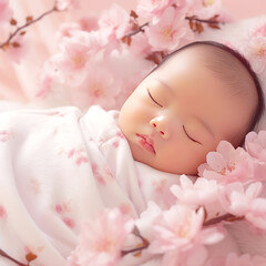 Obraz na płótnie Canvas cute Asian Baby, swaddled in white, sleeping with eyes closed, pink flower background. Generative AI