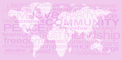 GLOBAL PEACE wall art concept - background is a diagram of world map the sea is pale pink overlaid are words relevant to WORLD PEACE in caps and lower case ideal as wall art 
