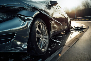 Obraz na płótnie Canvas A smashed modern grey car side closeup after a crash accident on a highway road, generative AI
